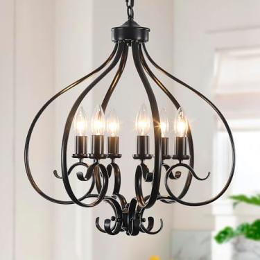 Imagem de Lustre de fazenda de 6 luzes, lustre grande preto de 61 cm para sala de jantar, luminária pendente ajustável rústica vintage moderna para cozinha, ilha, sala de estar, entrada, corredor, hall de