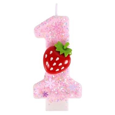 Imagem de Vela de Morango para Menina de 1º Aniversário, Rosa Fofa Vela Número 1 Frutos Vermelhos Tema Morango Topo Bolo Número Um Decoração Material para Decoração Festa 1º Aniversário