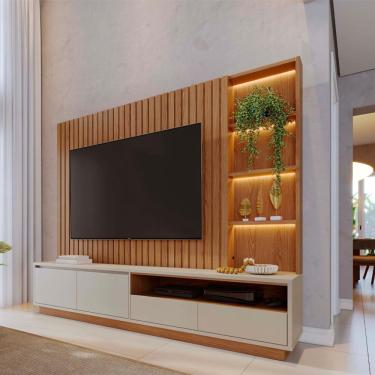 Imagem de Estante para Home Theater e TV até 82 Polegadas Cancun com LED 4 Gavetas Freijó e Off White