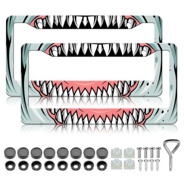 Imagem de Moldura de placa de carro tubarão - 2 peças engraçadas tubarão animal alumínio metal suporte de placa de carro, à prova de ferrugem, à prova de ferrugem, molduras decorativas para carro