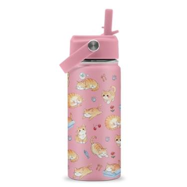 Imagem de ROVOZAR Garrafa de água de gato para meninas - Garrafa de água de aço inoxidável para gatos de 473 ml com canudo - Copo isolado para gatos fofos - Copo infantil de gatos rosa para escola, esportes