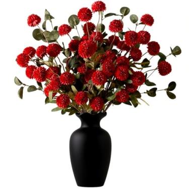 Imagem de LESING 10 peças de flores artificiais de haste longa com eucalipto, seda falsa de crisântemos, bolas de flores artificiais, pompom artificial, flores para mãe, decoração de arranjos florais a granel