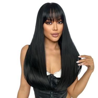 Imagem de SUKRI Peruca preta longa reta com franja Perucas de cabelo preto natural para mulheres, perucas sintéticas resistentes ao calor para meninas, uso diário em festas, 55 cm