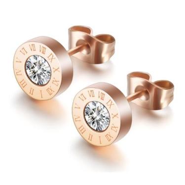 Imagem de Par Brincos Feminino Luxo Número Romano Banho Rosê Gold 18k  - Euro Im