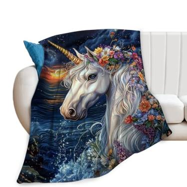 Imagem de Cobertor de unicórnio, cobertor de unicórnio oceânico, cobertores de flores de flanela para meninas, mulheres, homens, meninos, amantes, adultos, presente de cama macio para sofá-cama, escritório