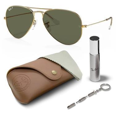 Imagem de Ray-Ban Óculos de sol RB3025 AVIATOR CLASSIC em forma de piloto para homens e mulheres com kit oficial RAYBAN Eyewear, Armação dourada polida Arista | Lente verde G-15 polarizada, 55 mm