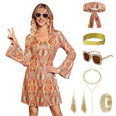 Imagem de Clarisbelle Vestido feminino de Halloween, 7 peças, discoteca, lantejoulas, dança dos anos 70, roupa de fantasia com óculos de sol e faixa de cabeça, Vermelho, Small