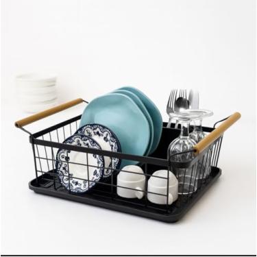 Imagem de Escorredor de Louça Elegance Preto Cozinha e Pia Madeira com porta talher 9 Pratos Balcão - Westing