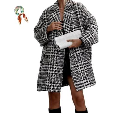 Imagem de Casaco De Lã Feminina De Inverno Pied-de-poule, Lapela Entalhada Longo Casaco De Duplo Abotoamento, Casual Solto Quente Outwear, Black, M