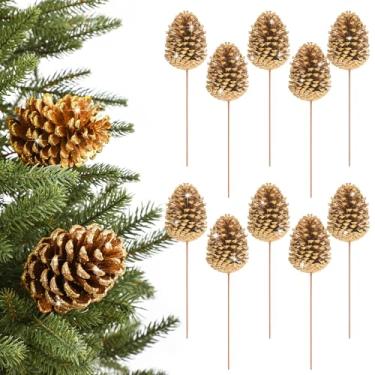Imagem de Halloscume 10 palhetas grandes de decorações de pinhas de Natal de 28 cm, palitos florais de pinha natural com glitter para guirlanda, enfeite de guirlanda, árvore de Natal, arranjos florais (ouro)