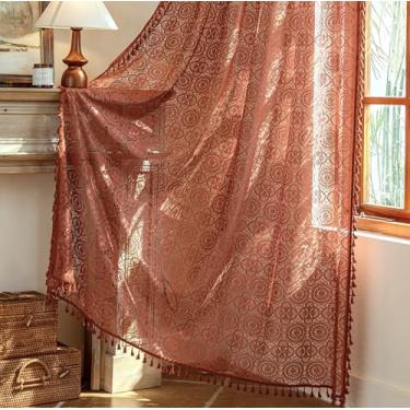 Imagem de Cortinas laranja queimado 2 painéis de 213 cm de comprimento cortinas transparentes de renda cobre com borla, cortinas boêmias de terracota de outono para sala de estar, quarto, sala de jantar, bolso