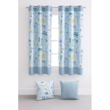 Imagem de Cortina Infantil com 2 Capas de Almofada, 2,00x1,50m, Poliéster Estampado, Decorativa, Quarto (PISTA CARRINHOS)