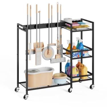 Imagem de Suporte de vassoura com organizador de materiais de limpeza, armário móvel de armário de vassoura com suporte de limpeza, carrinho de limpeza com suporte para esfregão, carrinho de limpeza com rodas