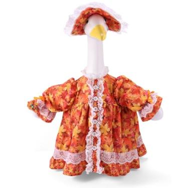 Imagem de Autumn Goose Outfit, 23in Porch Goose Fall Outfit Set Includes Maple Leaf Skirt & Lace Trim Maple Leaf Hat Pet Costume Dress up for Yard Garden Patio Statue Decor (Orange)