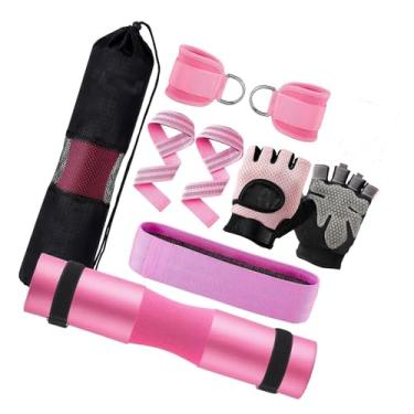 Imagem de Dynwave Conjunto de almofadas de barra para agachamento, almofada de pescoço e ombro portátil com 2 alças, ajuste padrão para barra com alças de tornozelo, Rosa