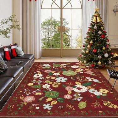 Imagem de U'Artlines Tapete floral de Natal de 1,8 x 2,7 m para sala de estar, tapete lavável antiderrapante para quarto, sala de jantar, sala de aula, casa de fazenda, escritório (vermelho)