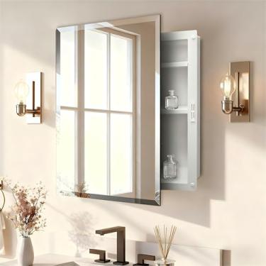 Imagem de Espelho de plástico para armário de remédios de banheiro 40,6 x 50,8 cm, armário de remédios embutido ou montagem na parede de superfície, armários de banheiro com prateleiras ajustáveis, armário