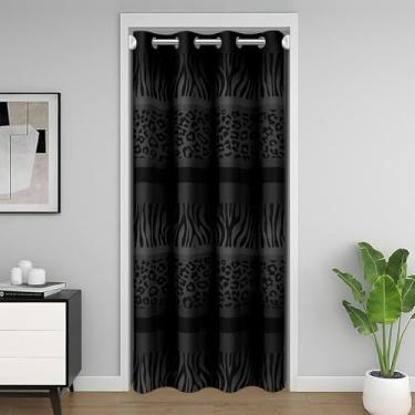 Imagem de jejeloiu Cortina de porta preta e cinza com estampa de leopardo para privacidade de porta 106 x 203 cm, 1 painel com listras de zebra, capa para armário infantil, lavável com pele de animal, cortina