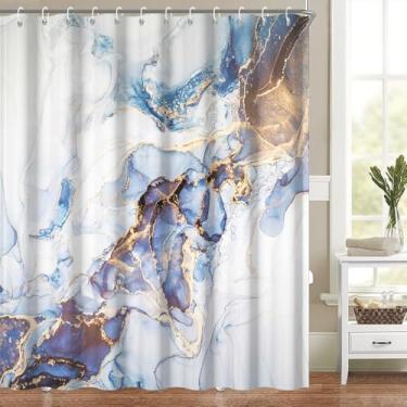 Imagem de Cortina de chuveiro de mármore azul dourado para banheiro, moderno, chique, abstrato, luxuoso, decoração, arte, textura, aquarela, branca, cortinas de chuveiro, lavável, tecido de poliéster à prova