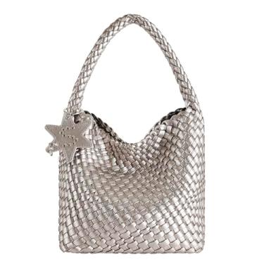 Imagem de Bolsa feminina de couro, bolsa Hobo despojada de couro vegano para mulheres, bolsa de ombro grande de tecido, Prata pequena