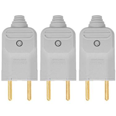 Imagem de Kit 3 Tomada Plug Macho Prensa Cabo 2 Pinos Finos 10A Cinza - Margiriu