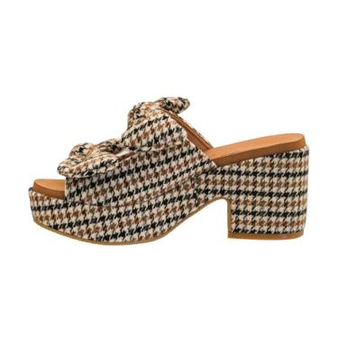 Imagem de Corkys Footwear Sandália feminina de salto "Put A Bow On It" – com salto de 8 cm e plataforma de 2,5 cm, salto grosso, palmilha de EVA e cabedal elegante com laços, Black Tan Houndstooth, 40