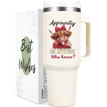 Imagem de Qtencas Presentes de vaca Highland, coisas com estampa de vaca, presentes de vaca Highland para mulheres, amantes de gado, copo de viagem de aço inoxidável isolado de 1,134 g, presente de aniversário