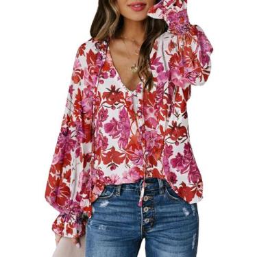 Imagem de Blusa feminina Biucly com decote em V, manga comprida, estampa floral,