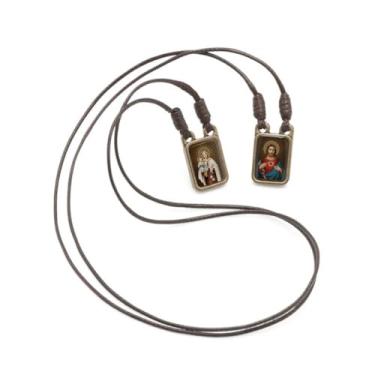 Imagem de Escapulário de Metal Nossa Senhora do Carmo, Ouro Velho, com Imagens Resinadas, 39cm, Cordão e Folheto de Orações