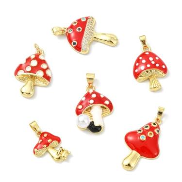 Imagem de UR URLIFEHALL 6 peças, 6 estilos, pingentes de cogumelo de zircônia cúbica, banhado a ouro 18 K, pingentes de plantas florestais vermelhas para pulseira faça você mesmo, colar, brincos, chaveiro