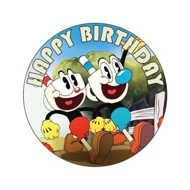 Imagem de Topo de bolo Cuphead Show de 19 cm – Decorações de bolo de aniversário comestíveis redondas, bolo de feliz aniversário