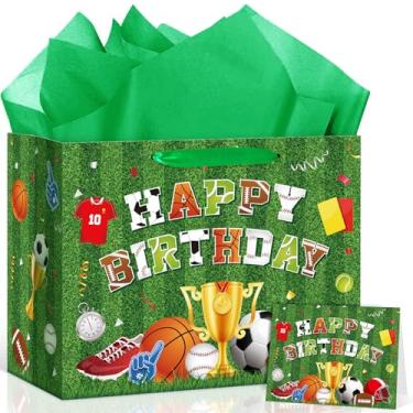 Imagem de Woosytoo Saco de presente de aniversário com tema esportivo, bola esportiva verde, saco de papel de embrulho de presente com cartão comemorativo para crianças, homens, adolescentes, futebol, futebol