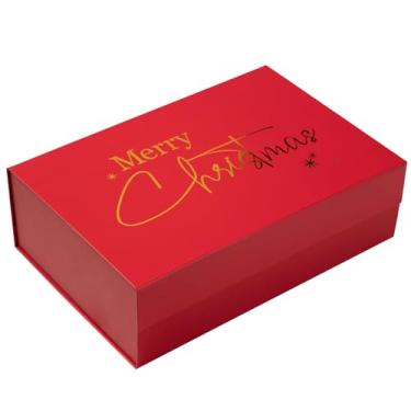 Imagem de WRAPAHOLIC 1 caixa de presente de Natal com tampa – design de letras de veludo vermelho de 33 x 23 x 10 cm, caixa de papelão dobrável com fecho magnético e 2 peças de papel de seda