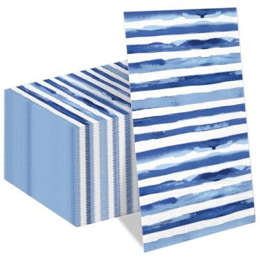 Imagem de FYSUIMU Guardanapos de papel descartáveis com listras aquarela, 50 peças, guardanapo de toalha de mão de jantar azul marinho e branco para casa, cozinha, banheiro, quarto de pó, casamento, chá de bebê