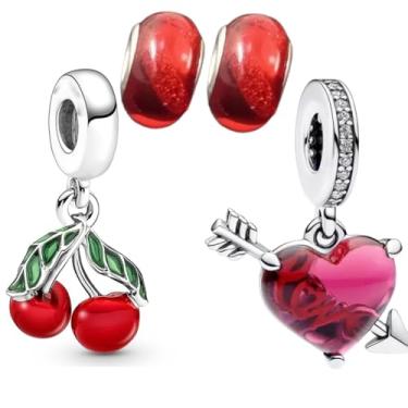 Imagem de kit Berloque Cereja + coração + murano - 1 ano de garatia -Lindo Presesente para Nomorada - Berloque prata folheada com 10 camadas de prata