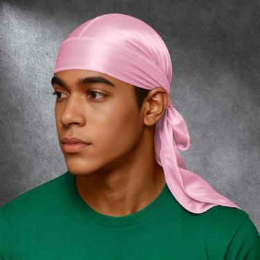 Imagem de Touca de chuveiro de seda para homens ajustável de cetim macio luxuoso protetor de cabelo spa de banho para uso diário (rosa)