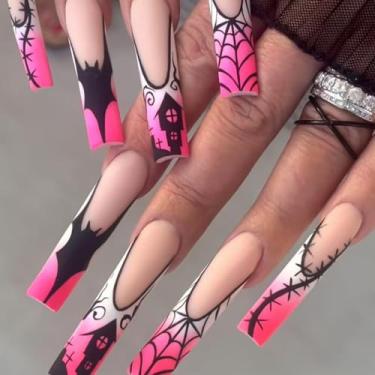 Imagem de Unhas postiças longas quadradas de Halloween vermelhas francesas com design de morcego de teia de aranha cola em bastão falso artificial em unhas de acrílico para mulheres, casamento, 24 peças