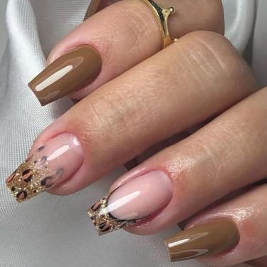 Imagem de Kit de unhas postiças de caixão marrom curto com design de glitter cola em gel para mulheres cobertura completa bastão falso em unhas manicure para casamento 24 peças