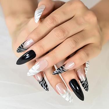 Imagem de Super Long Stiletto Press on Nails Black White Leopard French Fake Nails Glossy Full Cover Kit de unhas postiças para mulheres - 24 peças/conjunto