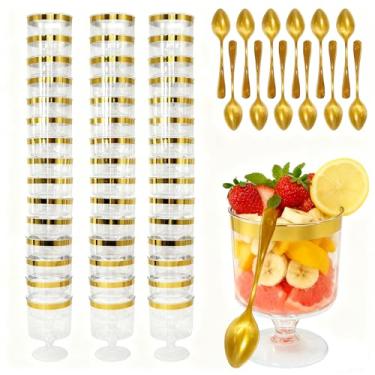 Imagem de Pesilo 120 peças de copos de sobremesa de plástico com colheres douradas, copo de parfait de sobremesa transparente de 142 g, copo de pudim de aperitivo, copos redondos para servir com borda dourada