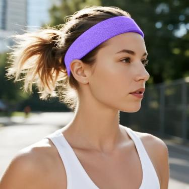 Imagem de Faixa de cabelo para homens e mulheres com absorção de umidade, tecido felpudo atlético, para tênis, basquete, futebol, academia, treino (roxo)