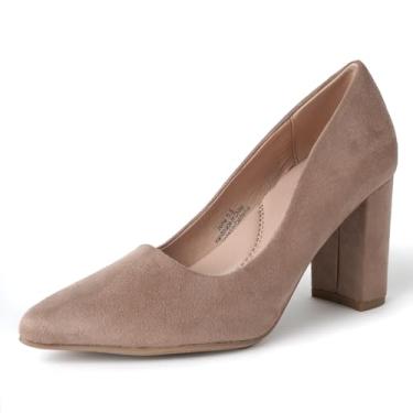 Imagem de J. Adams Jolie Heels for Women – Sapatos clássicos com bico fino fechado e salto bloco médio, Camurça Vegana Nude, 9.5