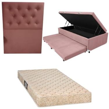 Imagem de Cama Box Baú Solteiro com Auxiliar (Bicama) + Colchão de Espuma Toulon D33 | Kit Completo com Cabeceira Botonê Opcional | Diversas Cores (3, SUEDE ROSA, COM CABECEIRA)