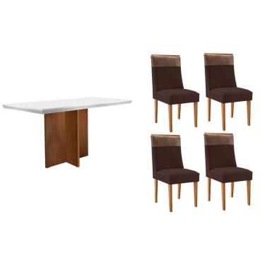 Imagem de Conjunto Sala de Jantar Berlim c/ Tampo Madeirado c/ Vidro Canto Curvo 120x80cm e 4 Cadeiras Jaspe Madeira Maciça Naturale/Off White - Capuccino/Suede