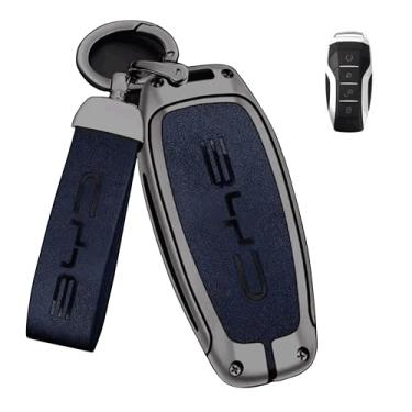 Imagem de Capa de Chave Premium BYD, Capa Protetora para Chave de Carro em Liga de Zinco e Couro – Case com Chaveiro e para BYD Han Ev Tang Dm Qin Plus Song Pro MAX Yuan Key (Chumbo Azul)