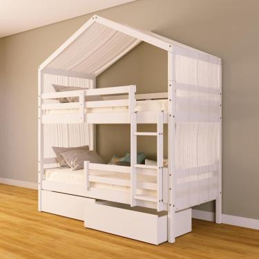 Imagem de Beliche Solteiro Casinha com Gavetas e Cortina e Grade de Proteção Madeira Maciça Branco Megamobilia