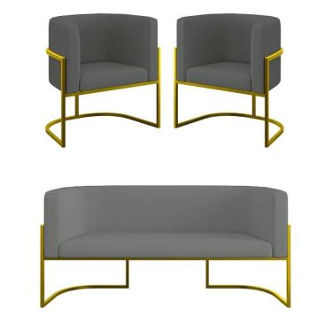 Imagem de Kit 2 Poltronas + Sofá 2 Lugares Base De Metal Gold Veludo Cinza