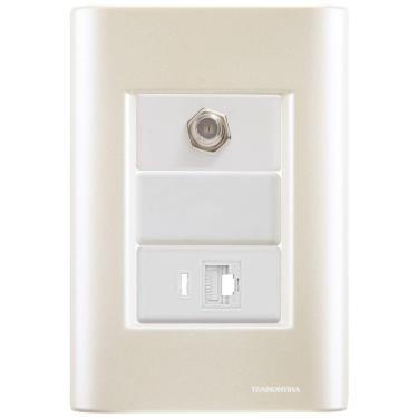 Imagem de Cj Tomadas Rj45 Ethernet + Tv Coaxial Giz Pérola Tramontina Completo Pronto Tramontina