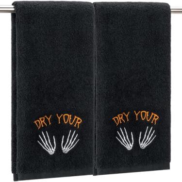 Imagem de EraGleeVibe 2 peças de toalhas de mão bordadas esqueleto de Halloween preto branco seco suas mãos toalha de algodão para casa de banho Kithcen esqueleto toalhas de banheiro presente 13,4 x 29,5