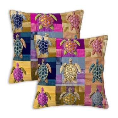Imagem de ZibZorp Capas de almofada com tema de retalhos arte de tartaruga impressa 45 x 45 conjunto de 2 | Capas de almofada decorativas para sofá, quarto | Fronhas de vida marinha oceânica, decoração de casa